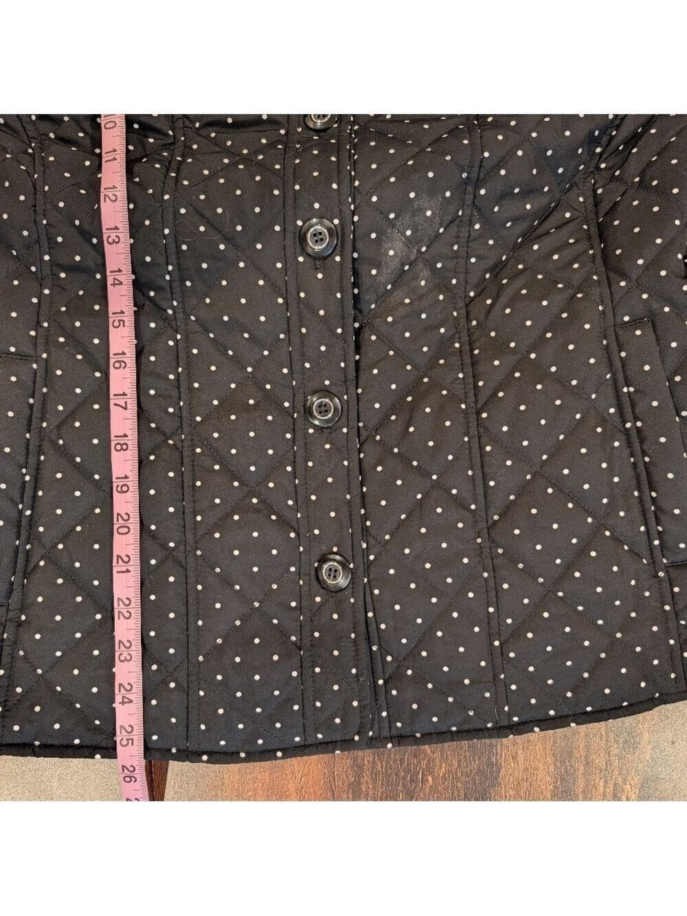 Chico's Polka Dot Black Quilted Jacket, Mandarin Collar ,Size 2 Or12-14 . - Picture 7 of 7